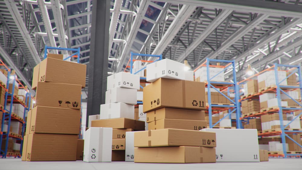 Cardboard boxes in middle of the warehouse logistic center Huge modern warehouse Warehouse filled with cardboard boxes on shelves boxes stand on pallets Transportation system 3D Illustration